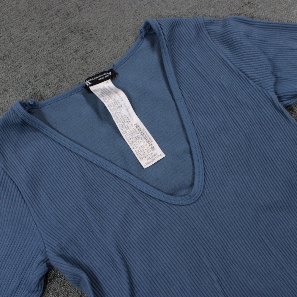 Zara Blue Ribbed V-Neck Bodysuit Three Quarter Sleeve Size XS S